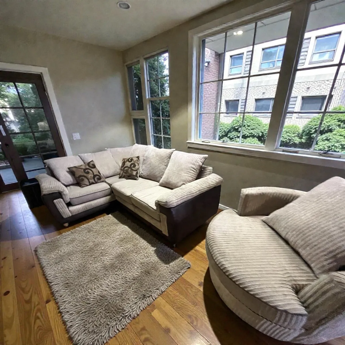 Beige corduroy corner sofa with matching chair - Image 1