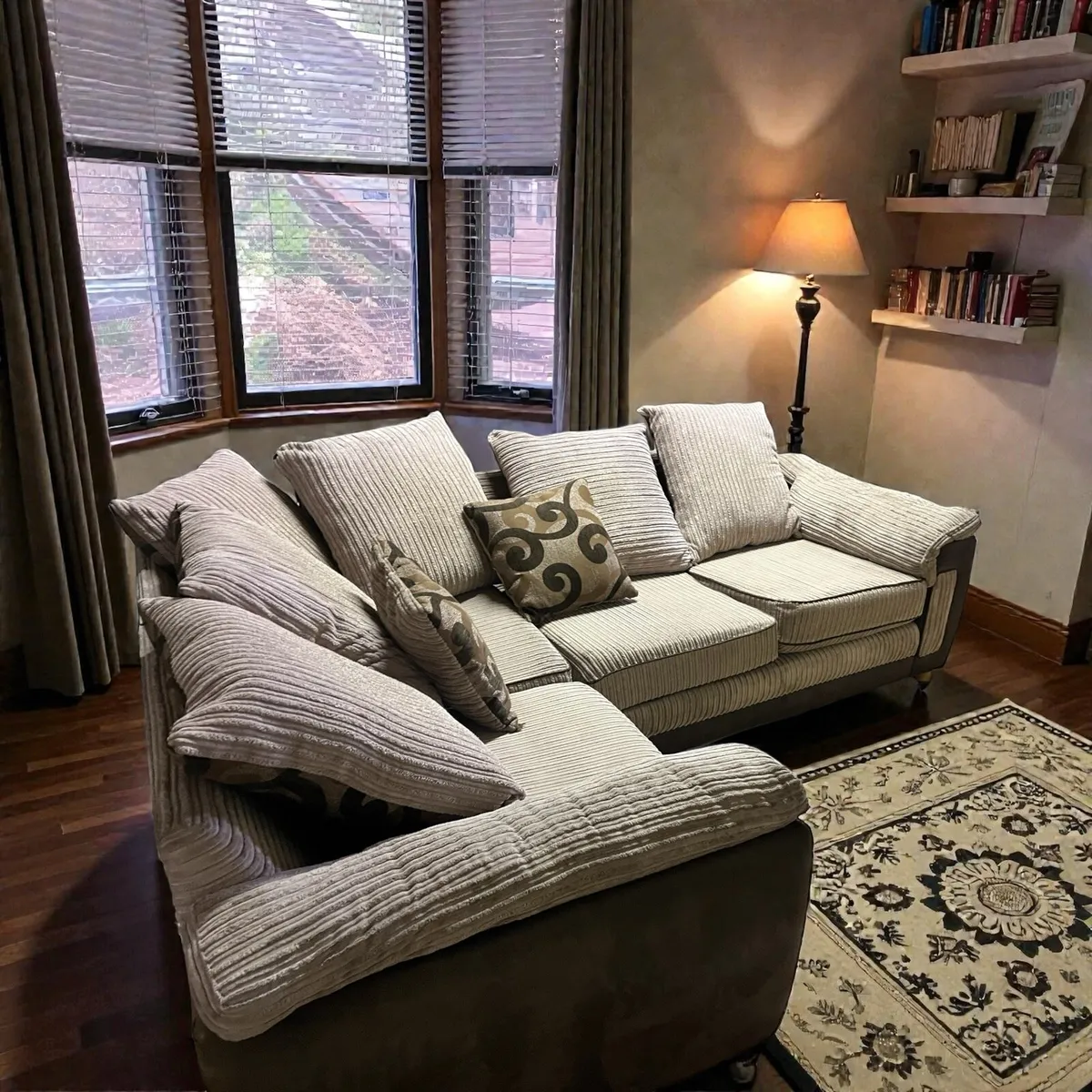 Beige corduroy corner sofa with matching chair - Image 3