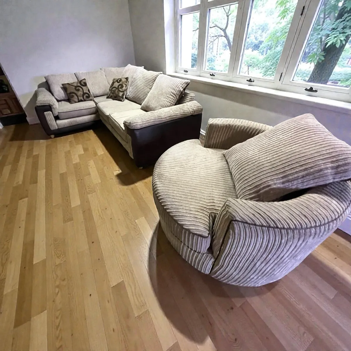 Beige corduroy corner sofa with matching chair - Image 4