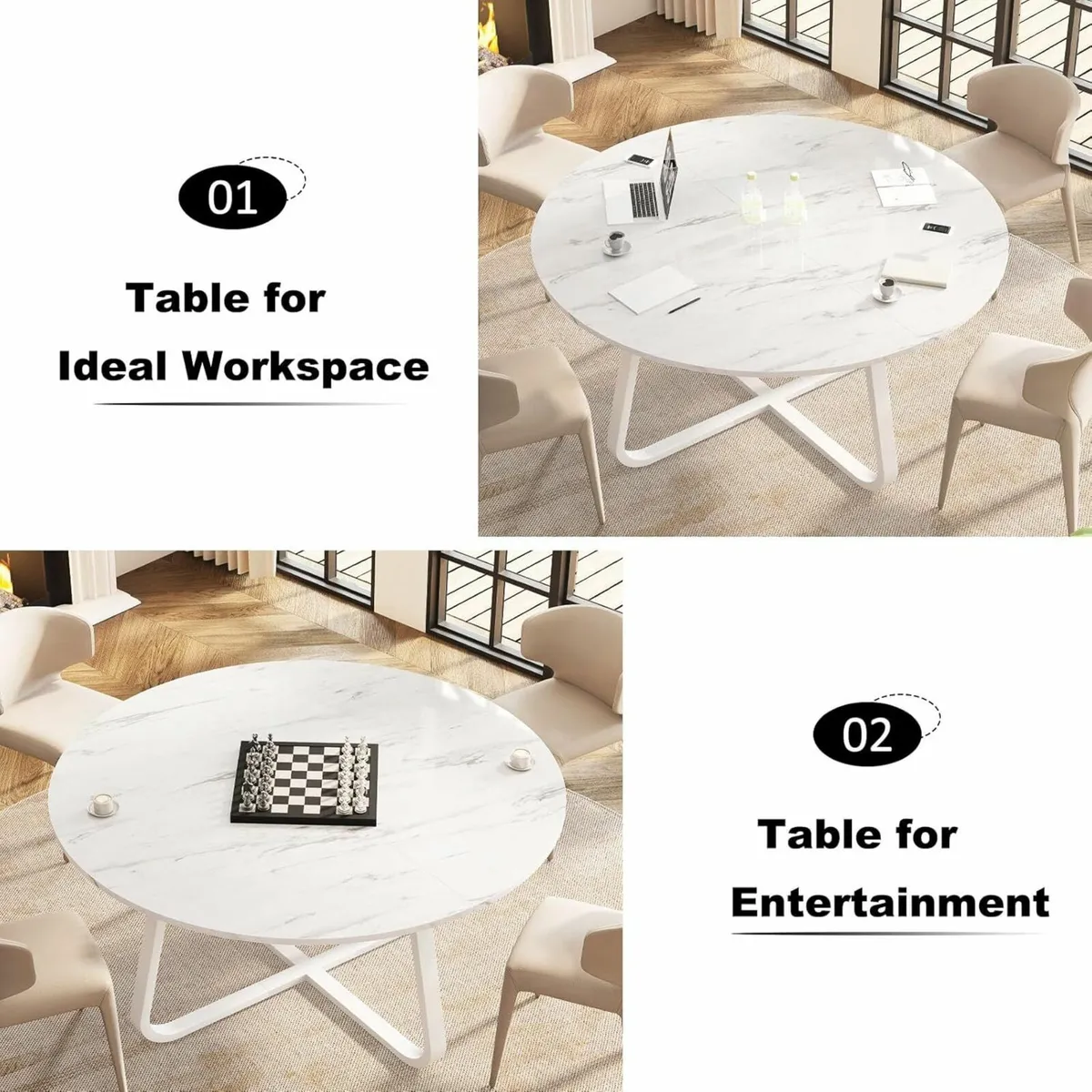 White Faux Marble Round Dining Circle Dining Desk - Image 4