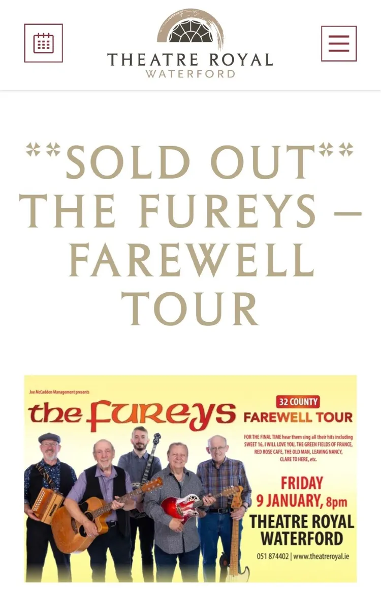 2 tickets Fureys Theatre Royal Waterford - Image 1