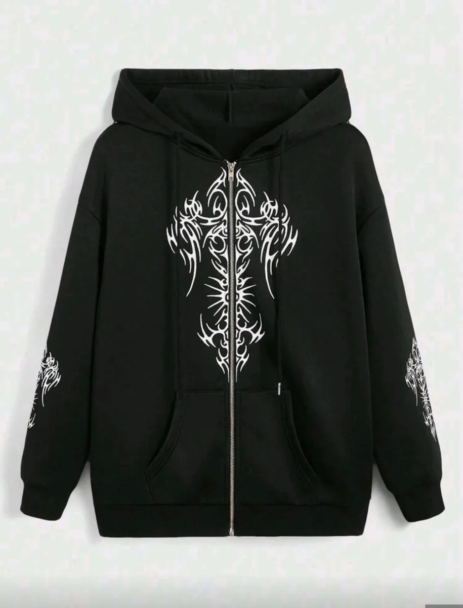 Gothic Tribal Cross Zip Hoodie – Bold & Cozy State - Image 1