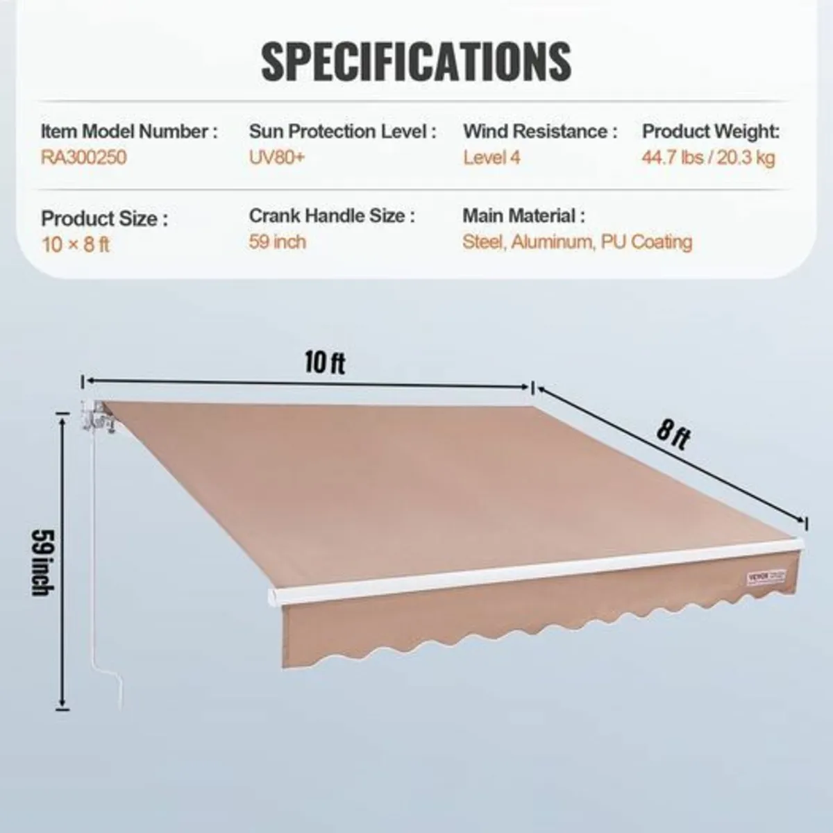 Manual Retractable Awning, 10 x 8 ft Outdoor Patio - Image 3