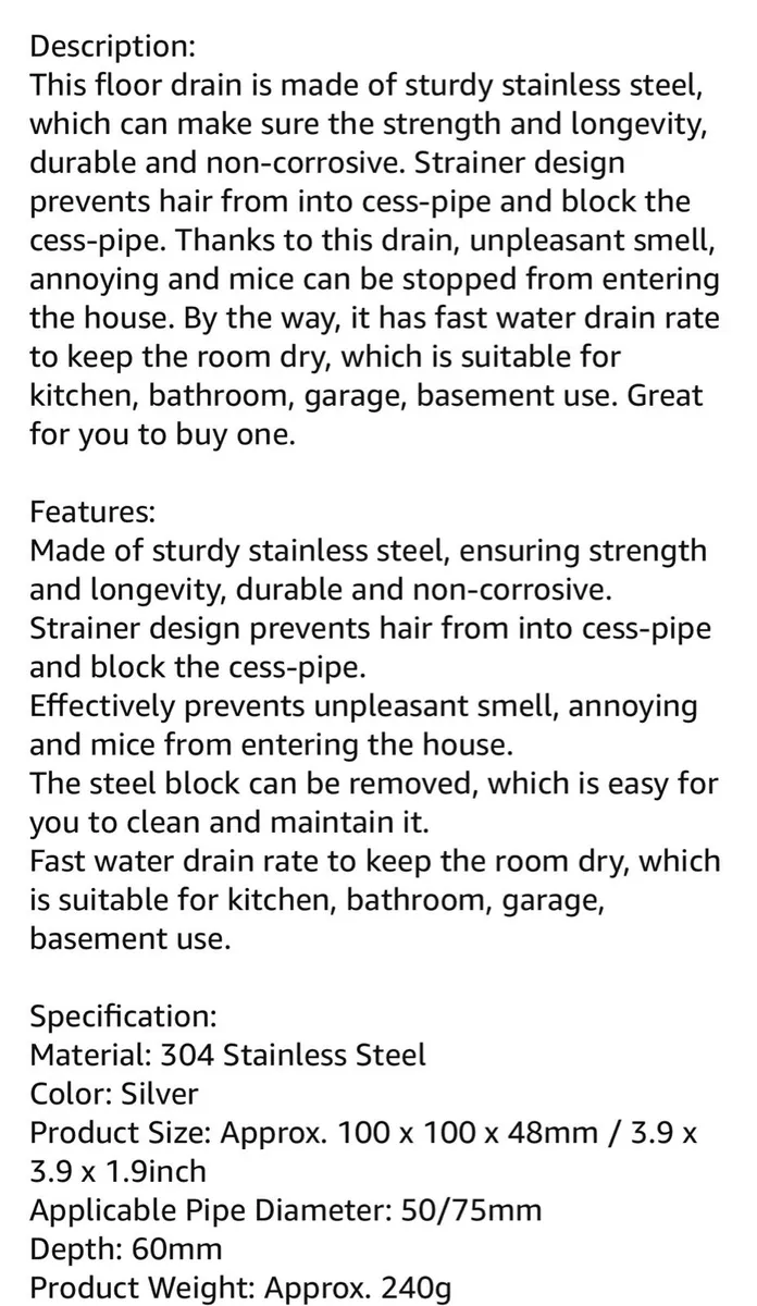 Square Drain Thick Stainless Steel Shower Drainer - Image 2