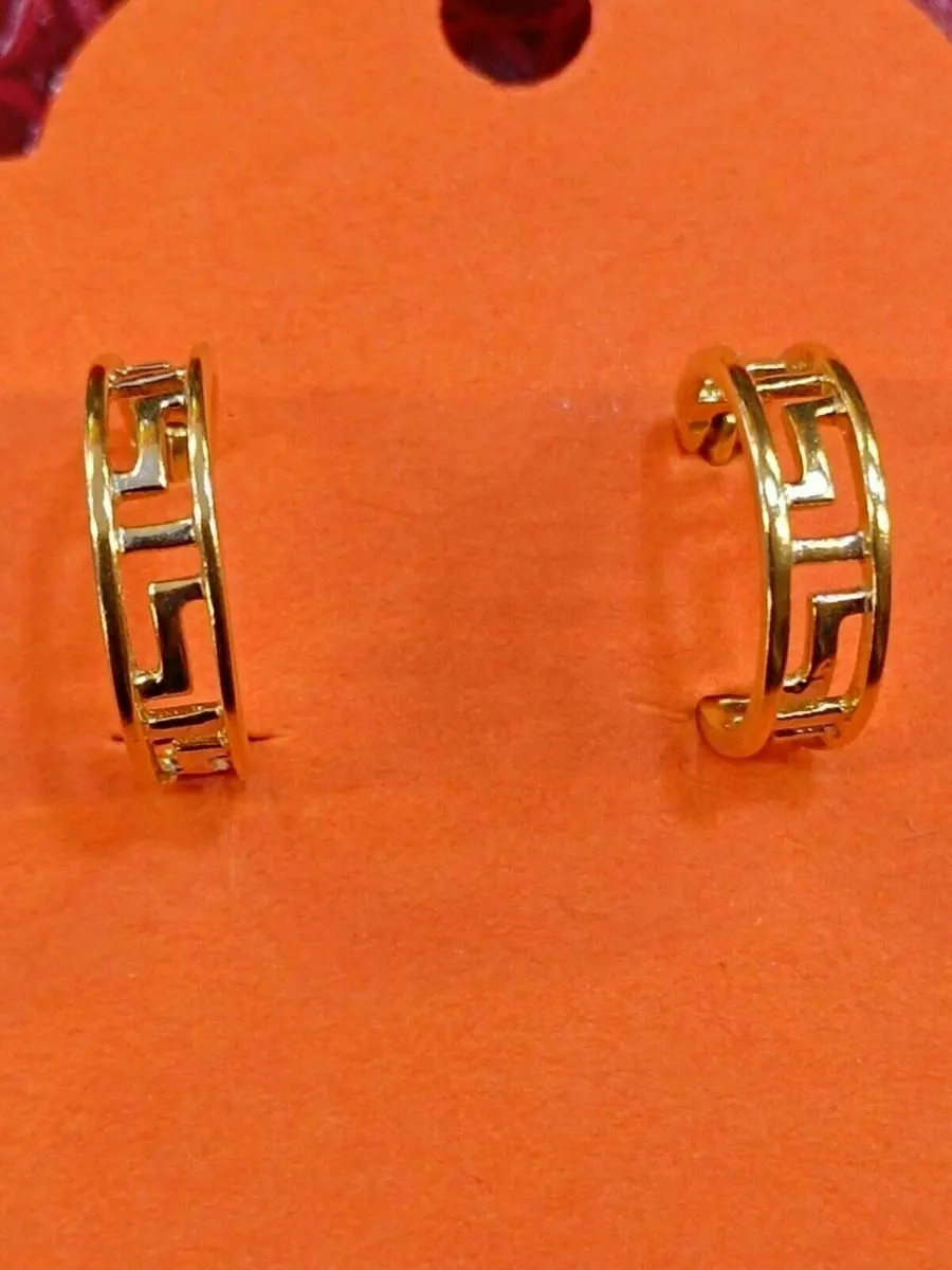 18k Yellow Gold Greek Key Hoops Earrings - Image 1
