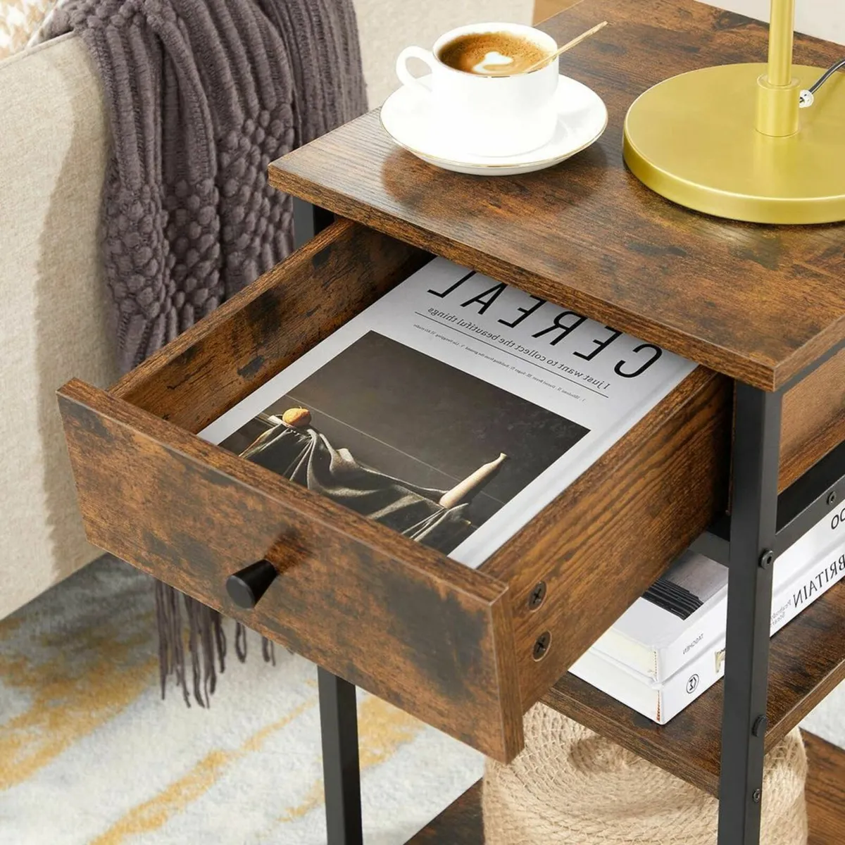 Set of 2 Vintage Brown & Black Bedside Tables with - Image 4