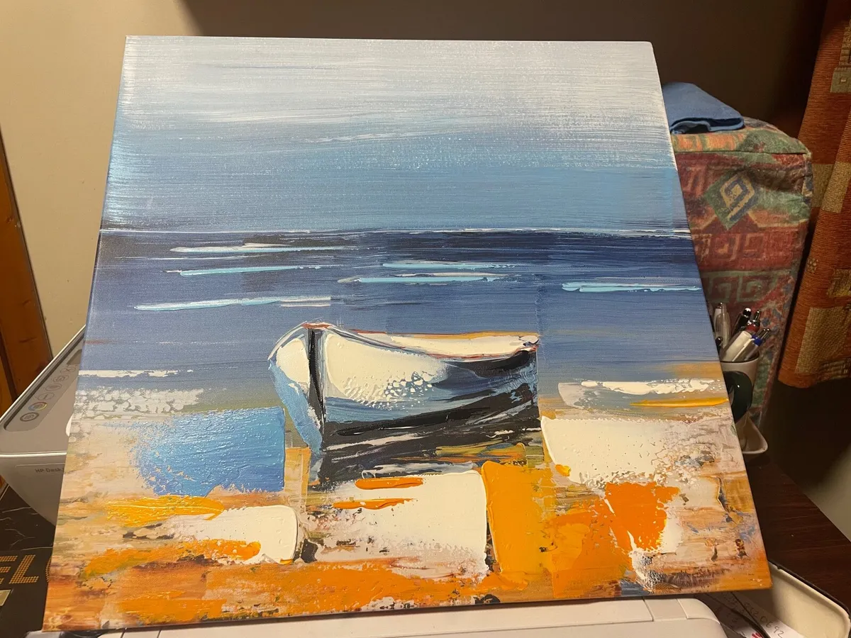 OIL ABSTRACT PAINTING  OF A  BOAT IN THE WATER