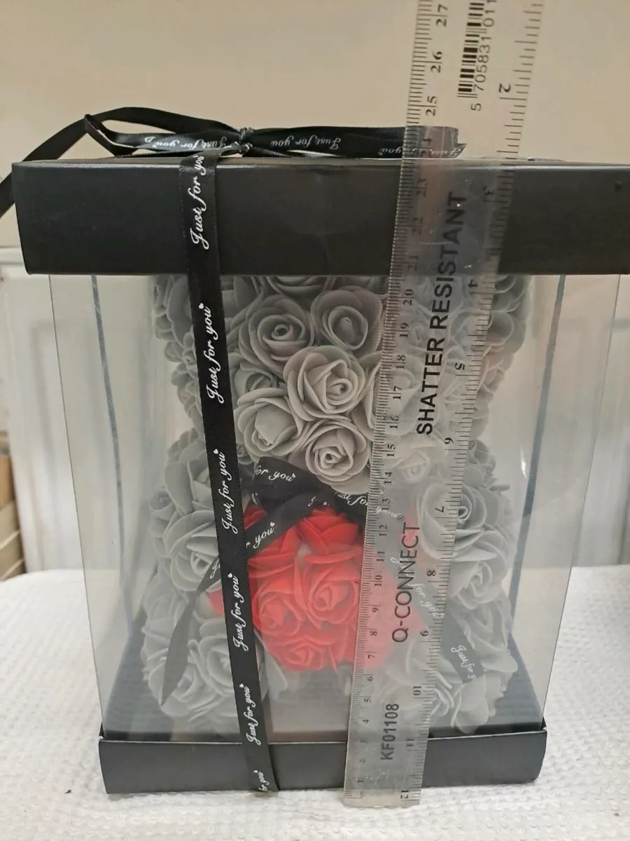 Rose Bear Gift – Grey with Red Heart - Image 1