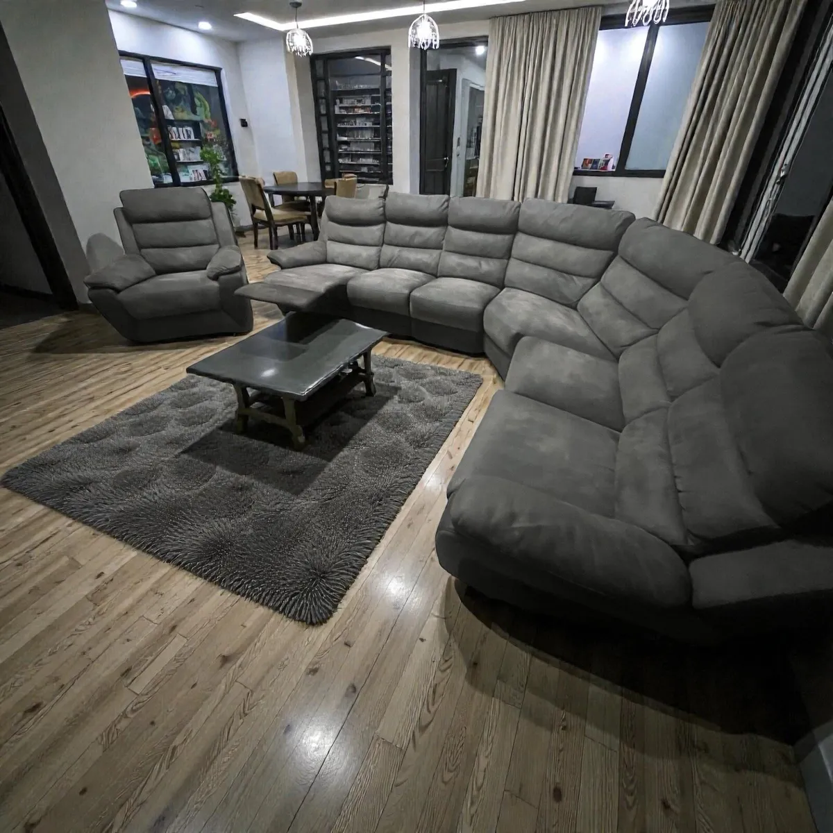 Grey corner recliner sofa with armchair couch - Image 1