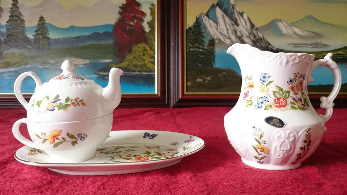 4Pc.Aynsley Cottage Garden Teapot,Cup,Tray,Pitcher - Image 2