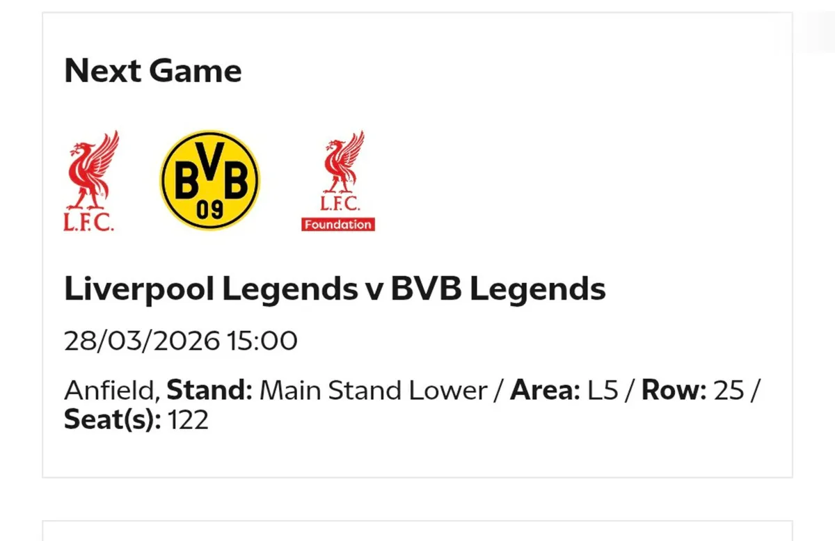 Liverpool Legends vs Borussia Dortmund tickets x3