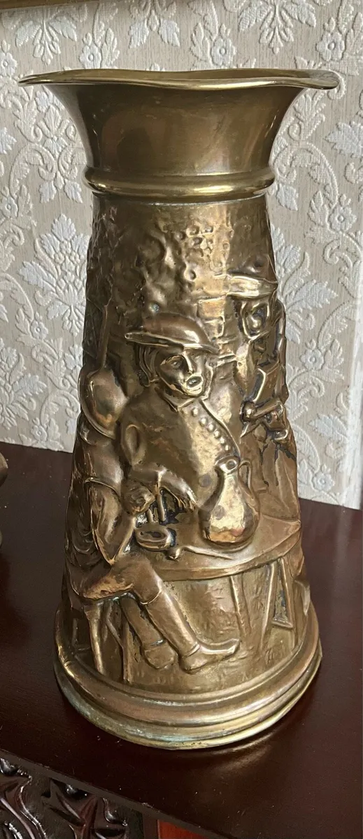 Set of 4 Antique Brass Embossed Pitchers - Image 2