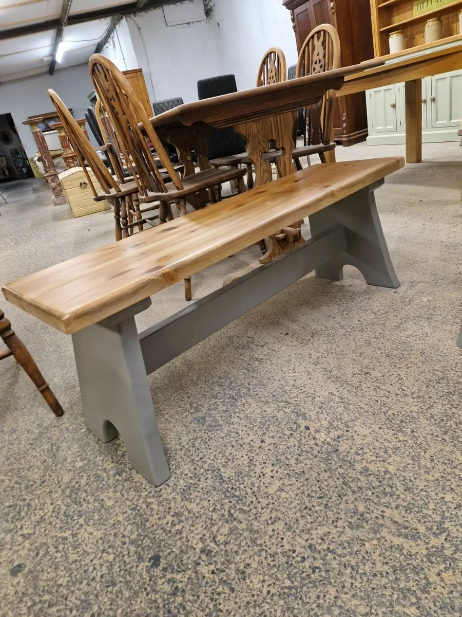 Vintage farmhouse table, 2 benchs, 2 chairs - Image 2