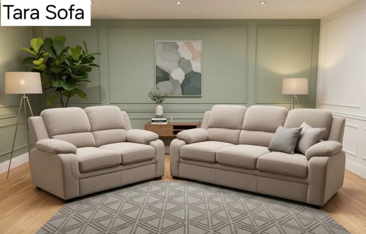 New 3+2 Seater Grey & Beige Fabric Sofa Set - Image 1