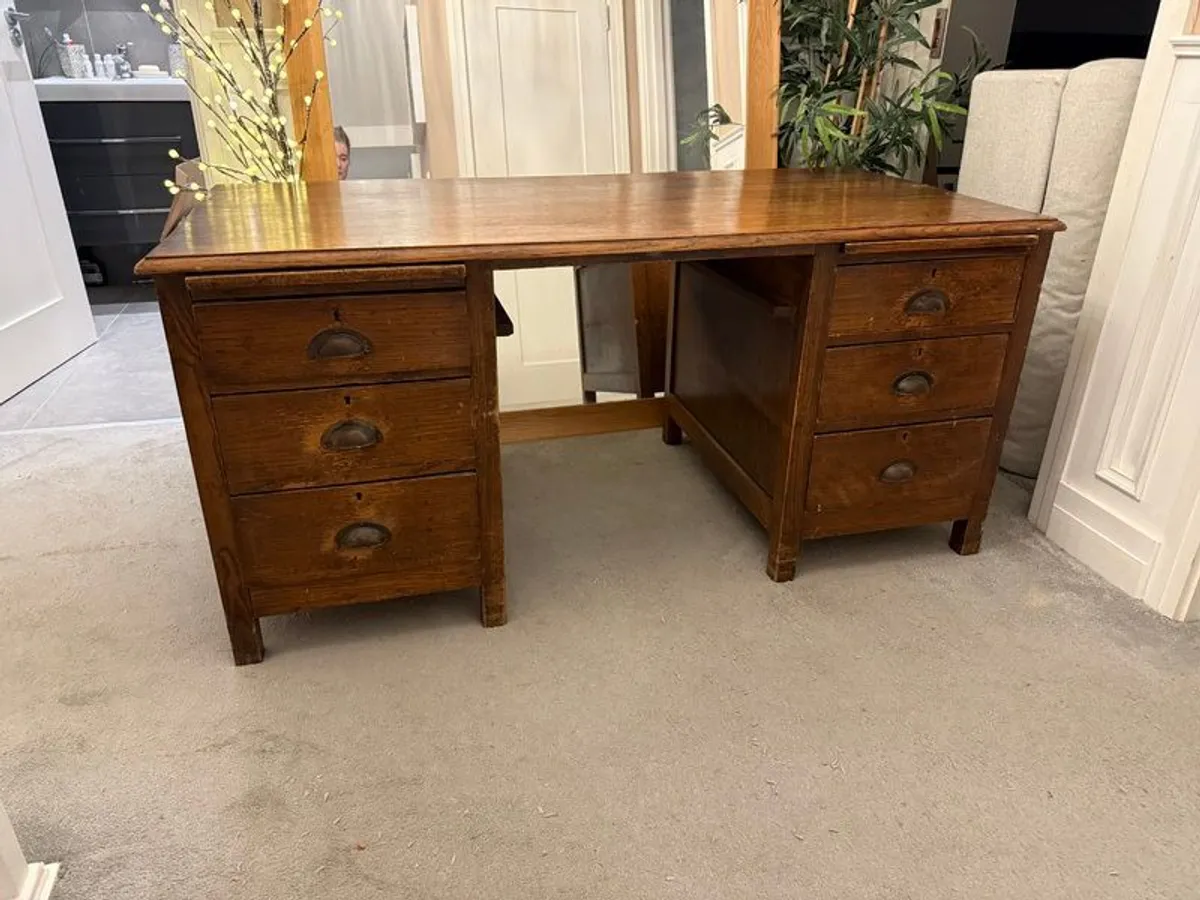 Antique solid wood desk with 6 drawers and writing boards. See description. - Image 1