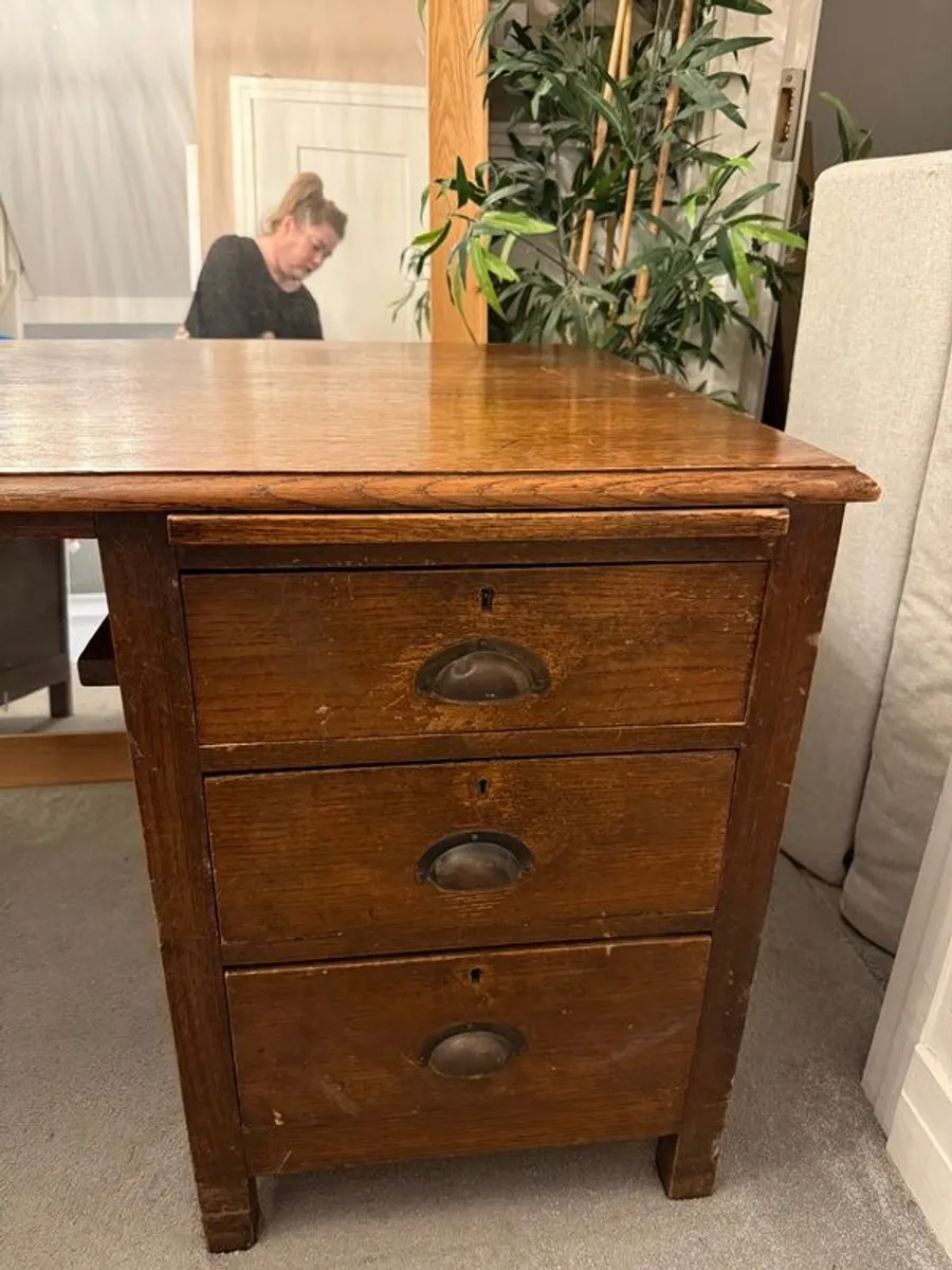 Antique solid wood desk with 6 drawers and writing boards. See description. - Image 3