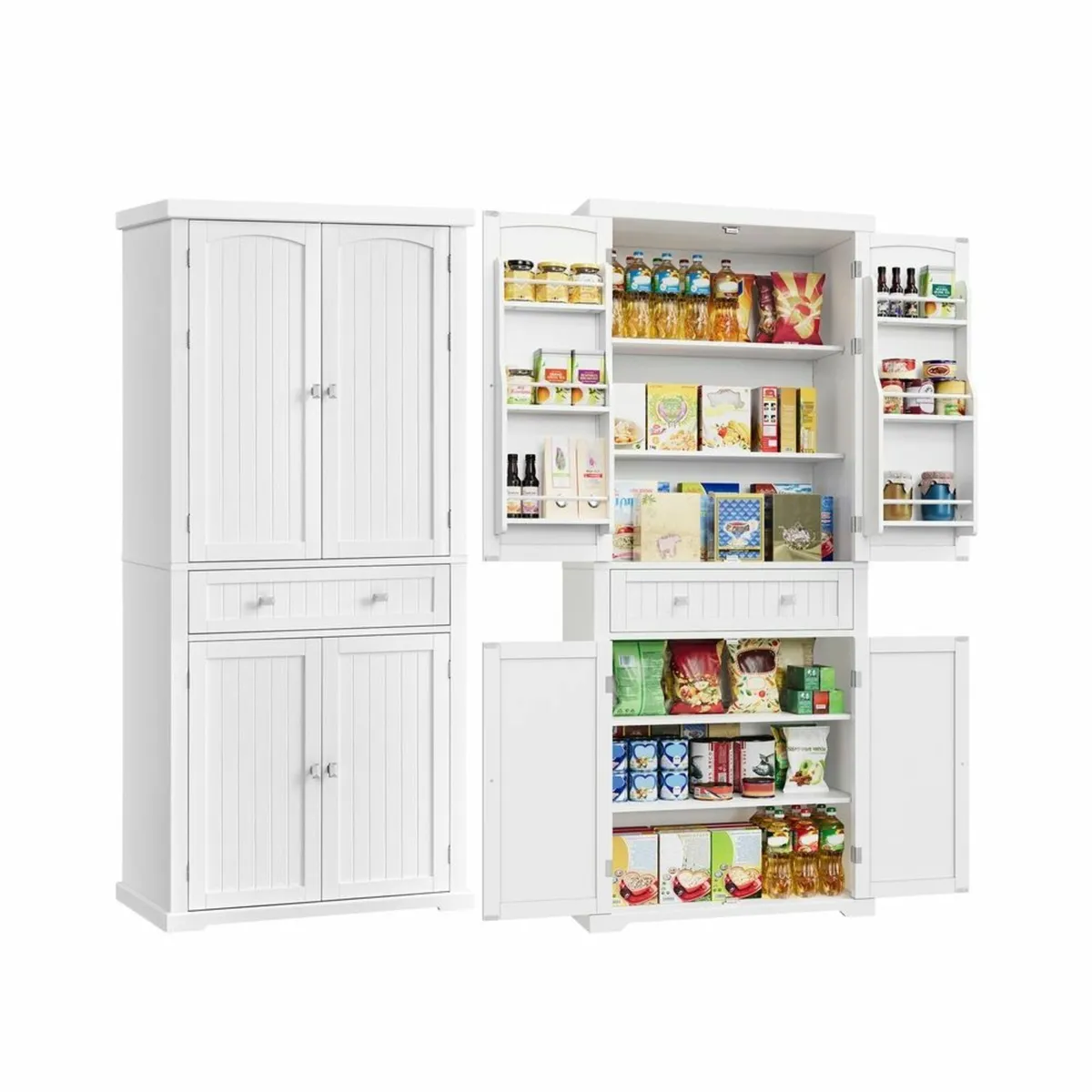 Tall White Storage Cabinet with Shelves and Drawer - Image 1