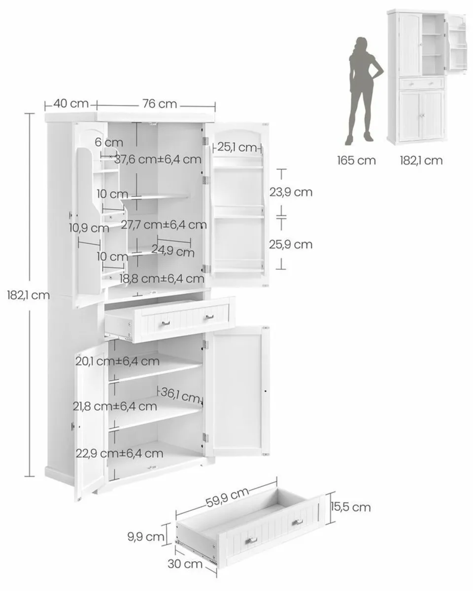 Tall White Storage Cabinet with Shelves and Drawer - Image 2