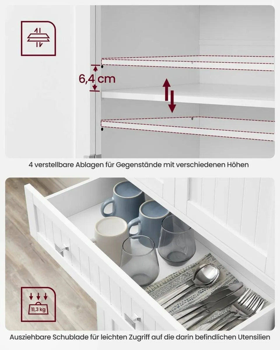 Tall White Storage Cabinet with Shelves and Drawer - Image 4
