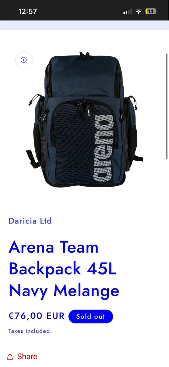 Arena 45L navy swim bag