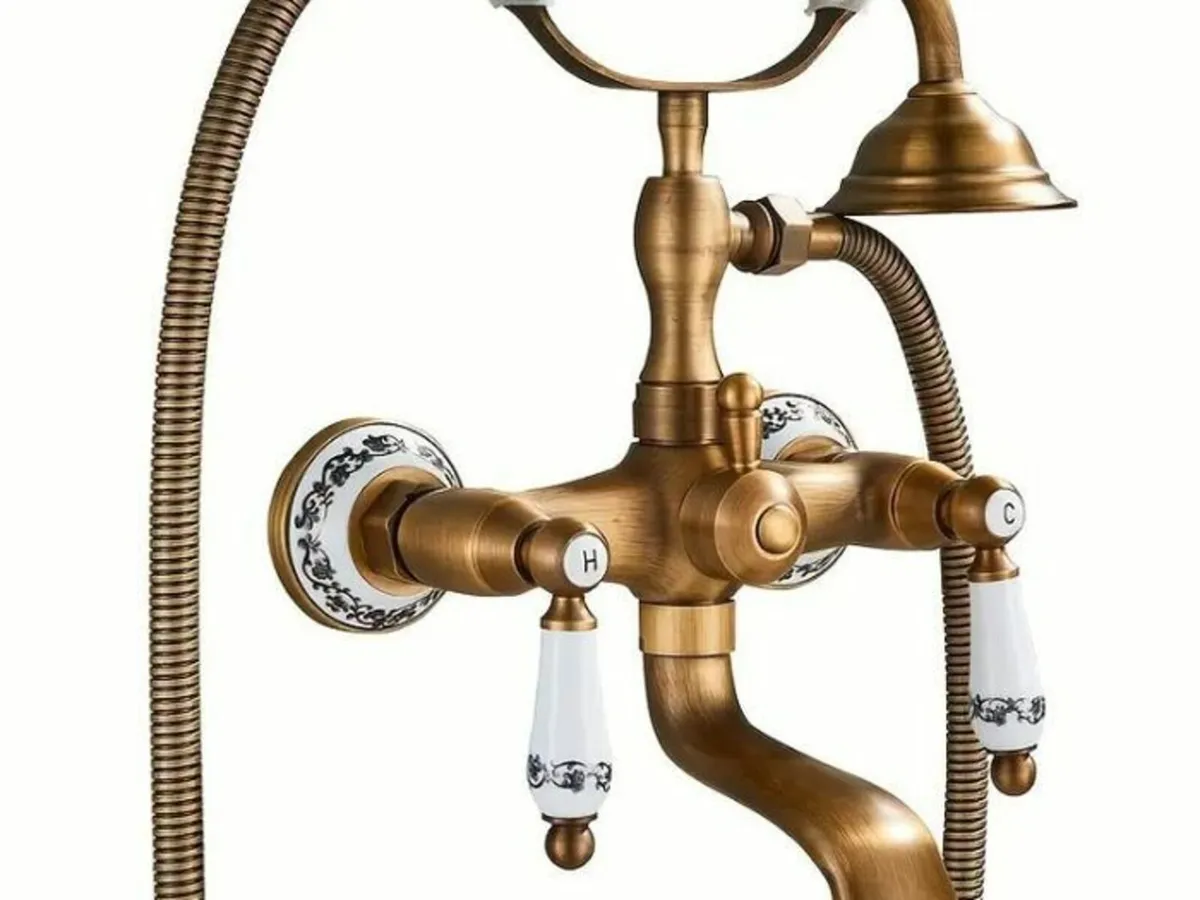 Antique Brass Bathtub Faucet with Hand Shower Taps - Image 1