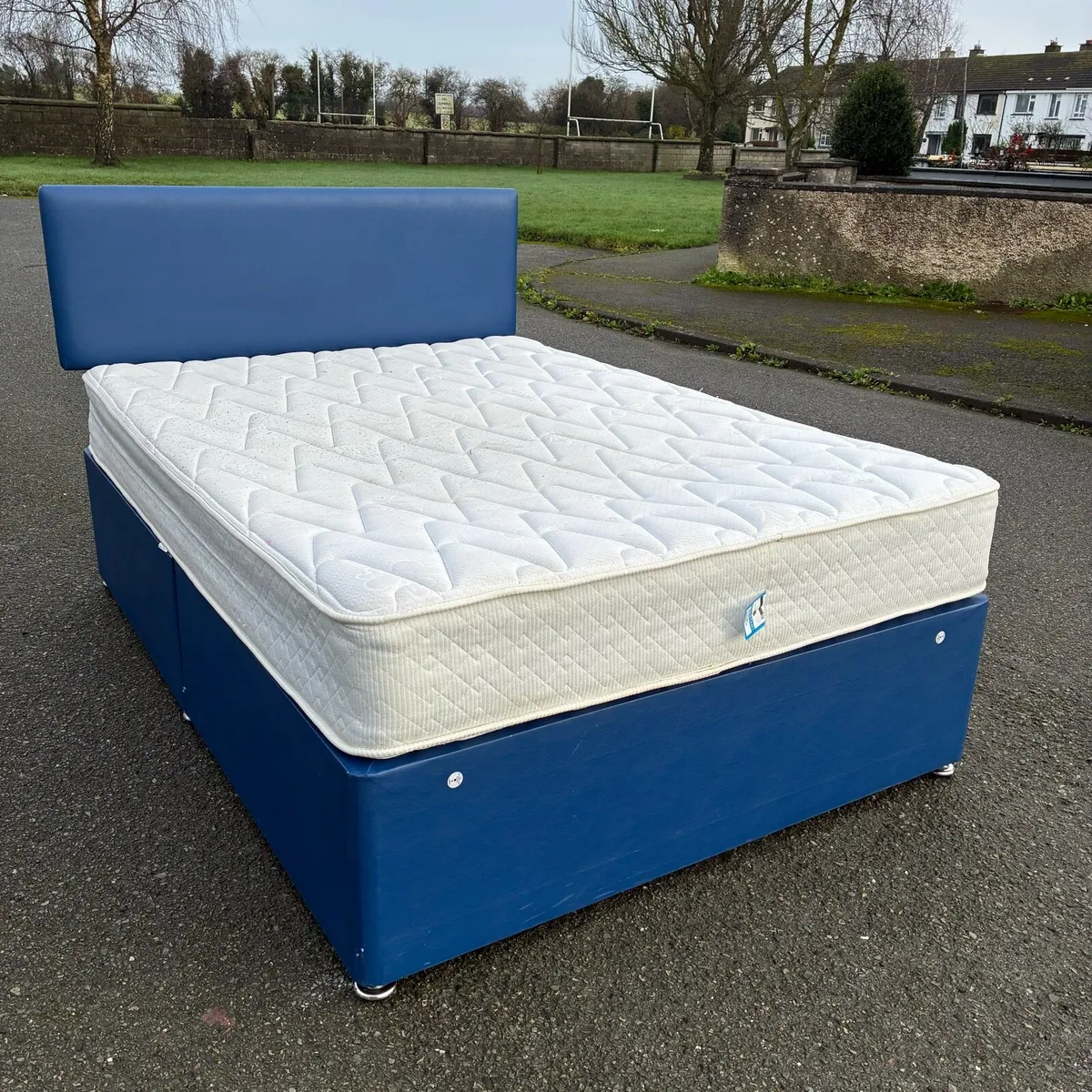 Blue leather double bed with mattress - Image 2