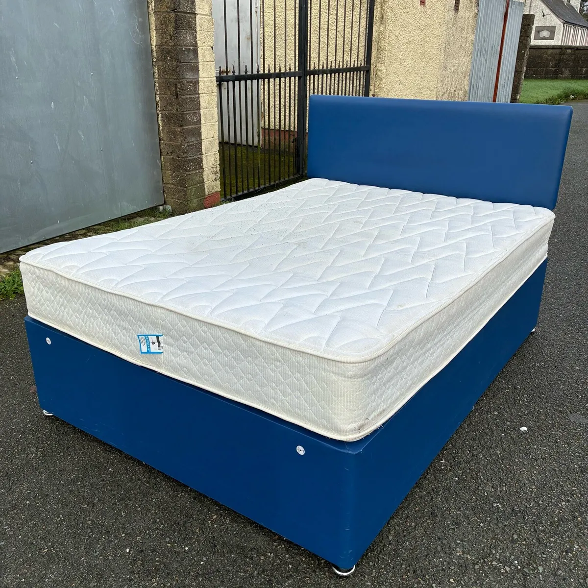 Blue leather double bed with mattress - Image 3
