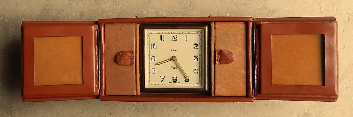 Smiths Vintage 8 Day Travel Clock in Leather Case - Image 1
