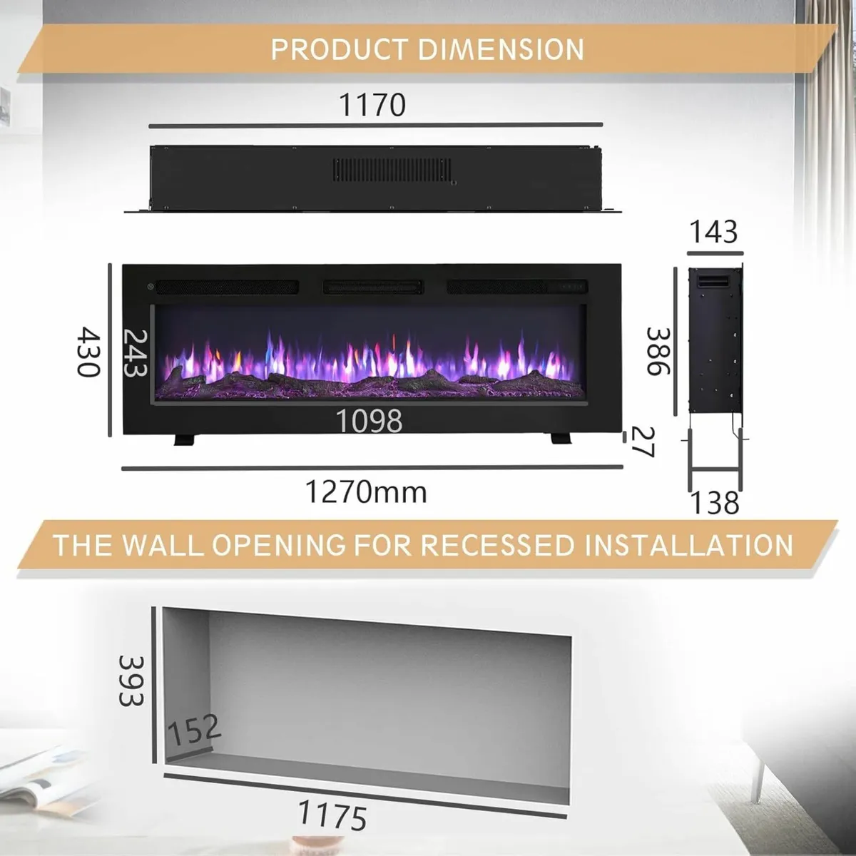 50"/127cm Electric Fireplace Wall Mounted 9 Colour - Image 2