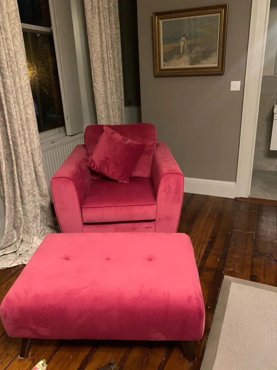 Hot Pink Velvet Chair and Stool - Image 2