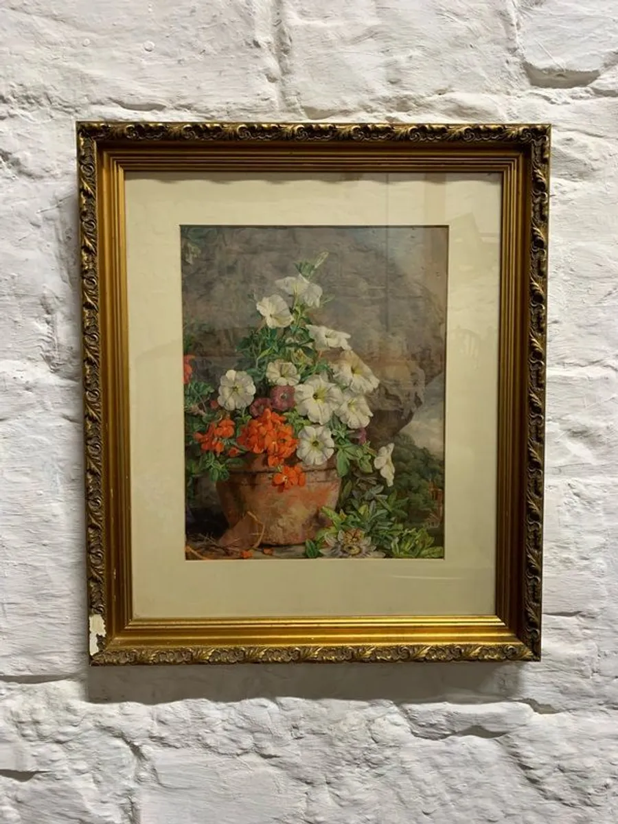 Large vintage floral print in gilt frame. - Image 1