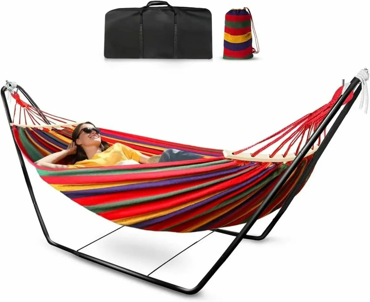 Outdoor Double Cotton Hammock with Stand - Image 1