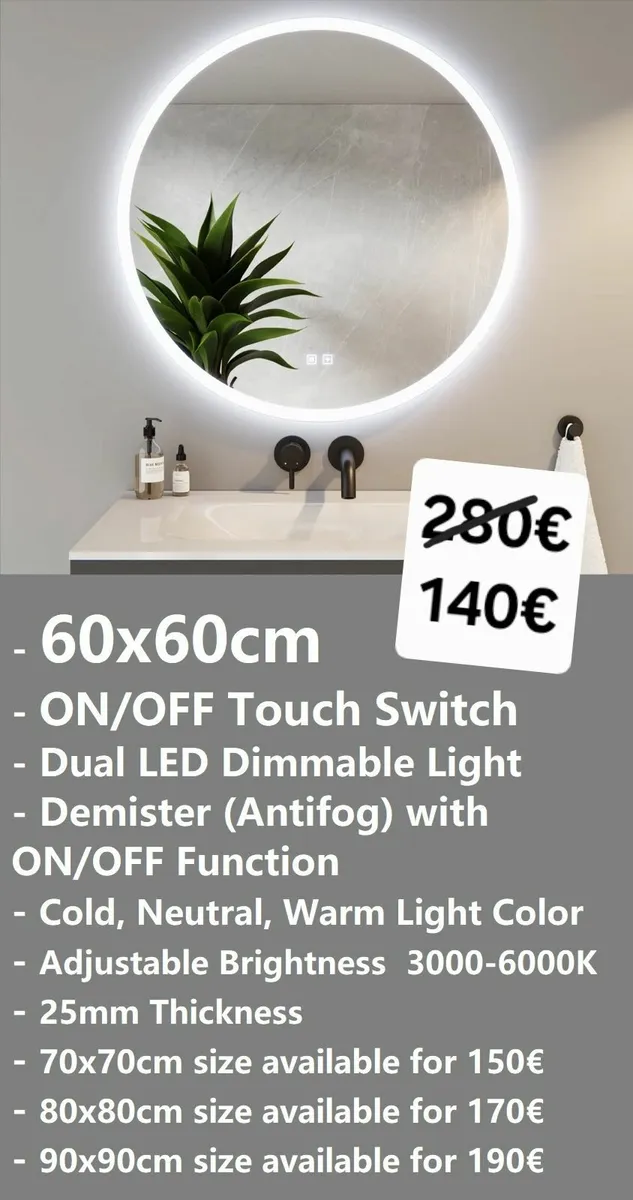 LED Bathroom Mirror 60cm Antifog Dual LED - Image 1