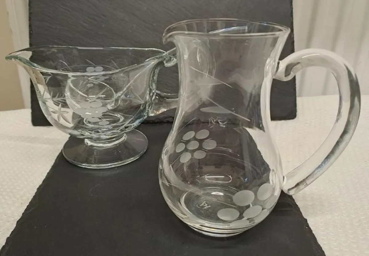 Cut glass gravy boat jug and spoon - Image 1