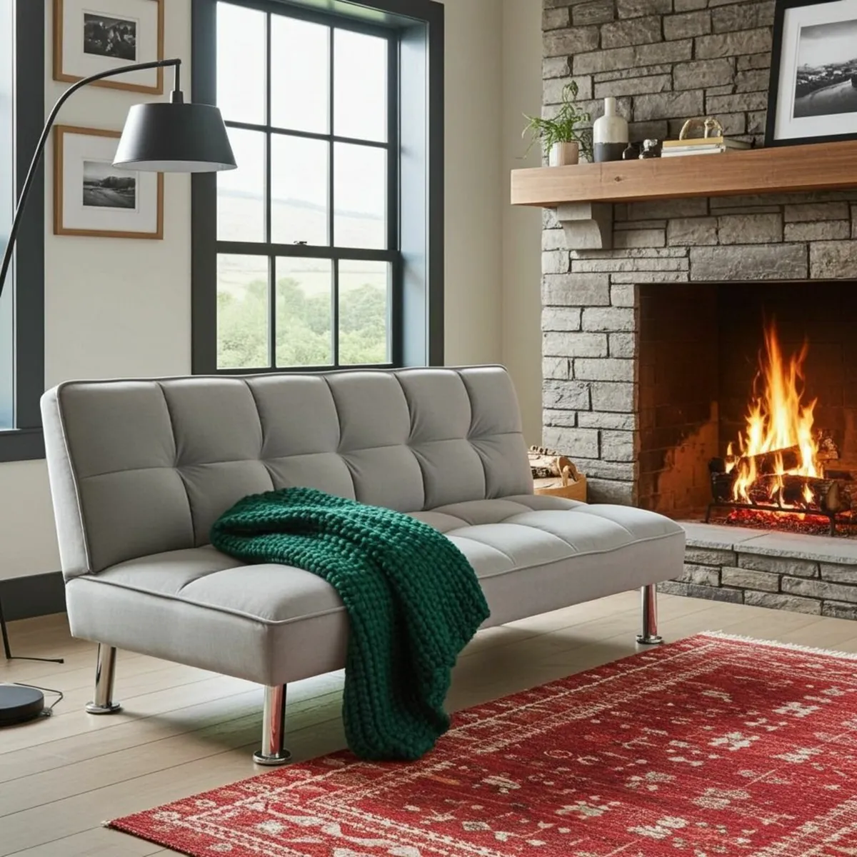 Grey Folding 3 Seater Fabric Sofa Bed - Image 1