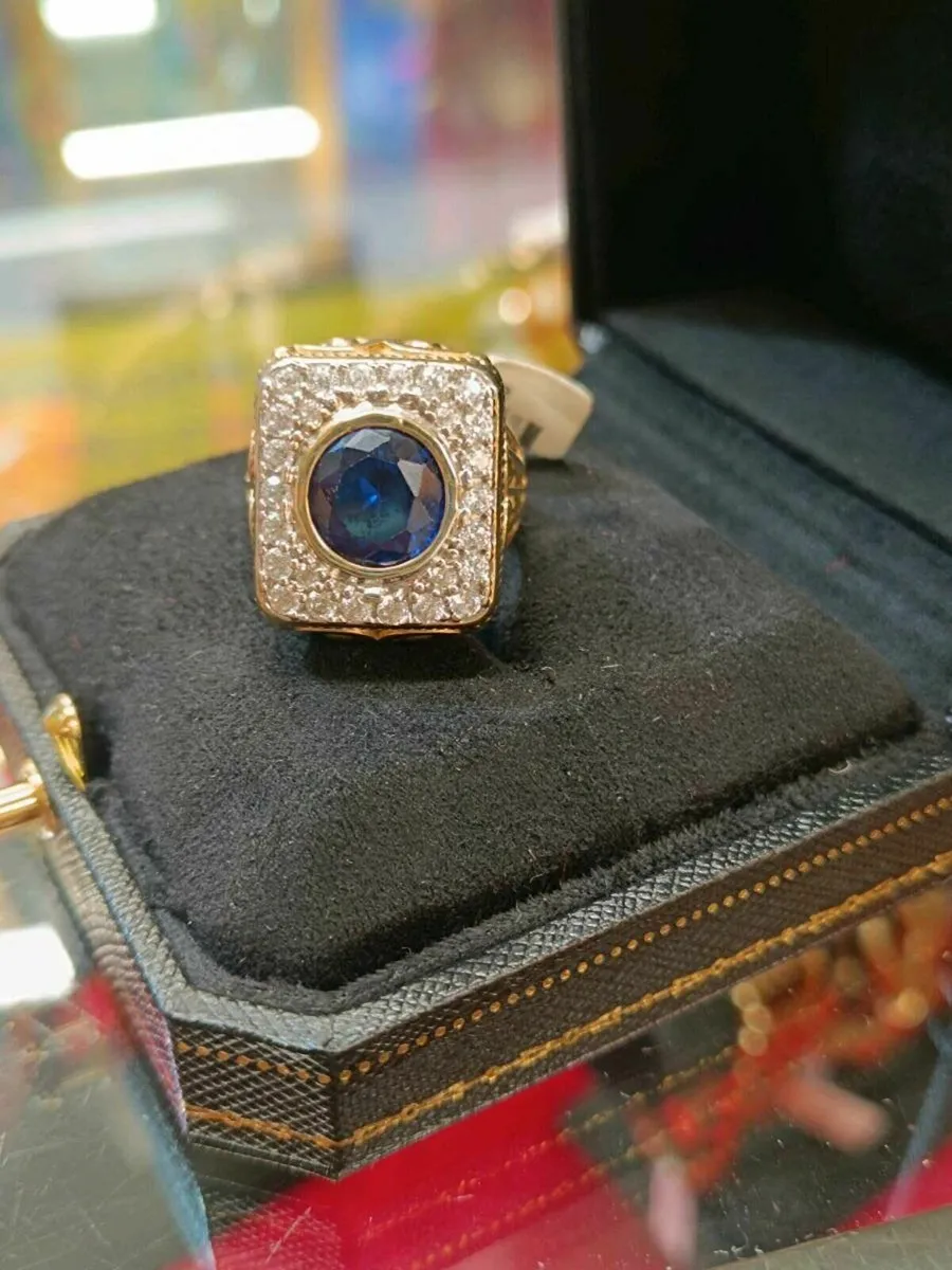 Blue Stone & CZ Signet Ring , 9k Yellow Gold - Image 1