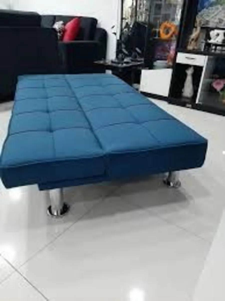Blue Folding 3 Seater Fabric Sofa Bed - Image 2