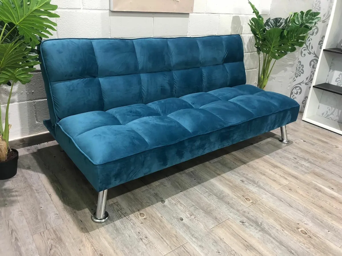 Blue Folding 3 Seater Fabric Sofa Bed - Image 1