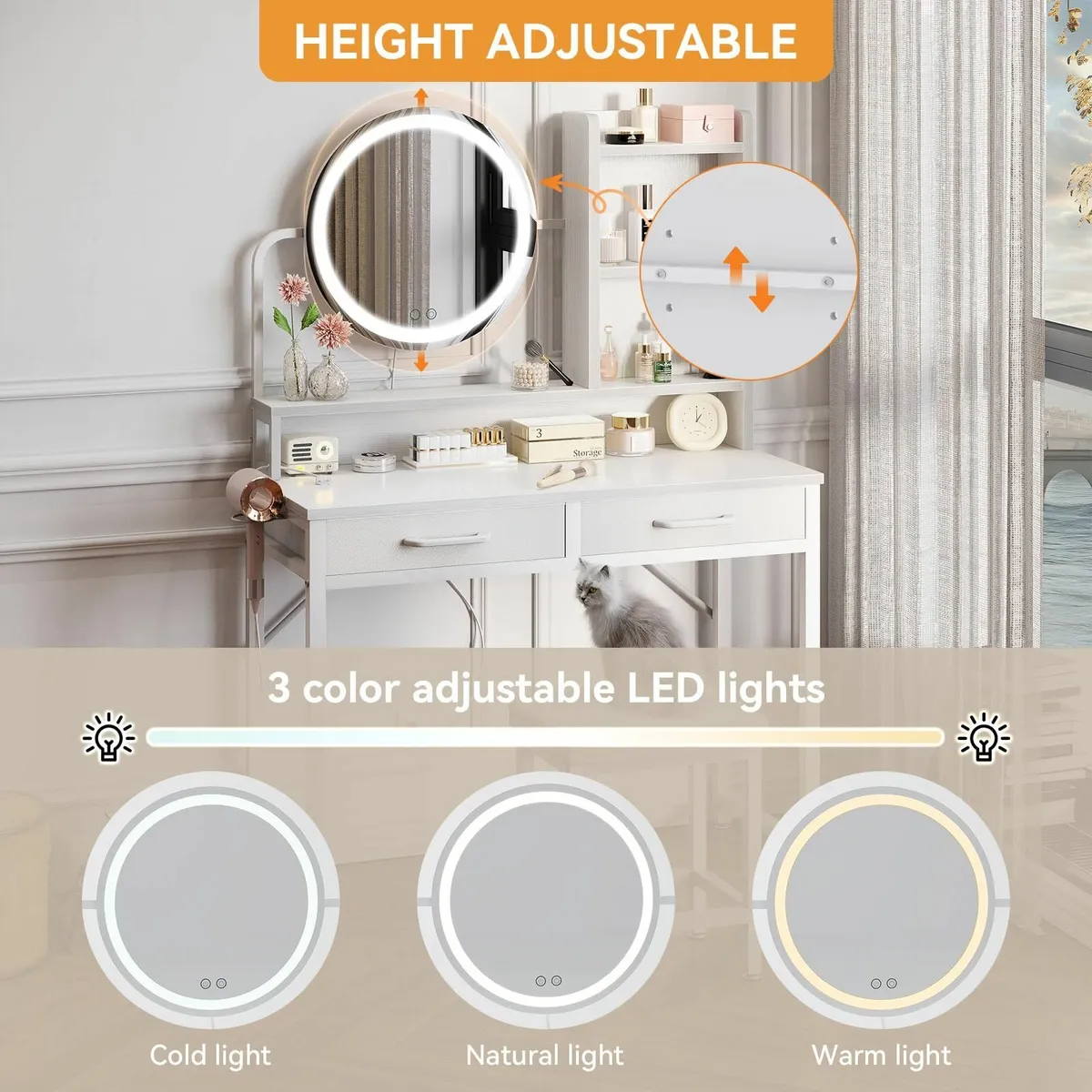 Dressing Table height-adjustable Mirror White - Image 3