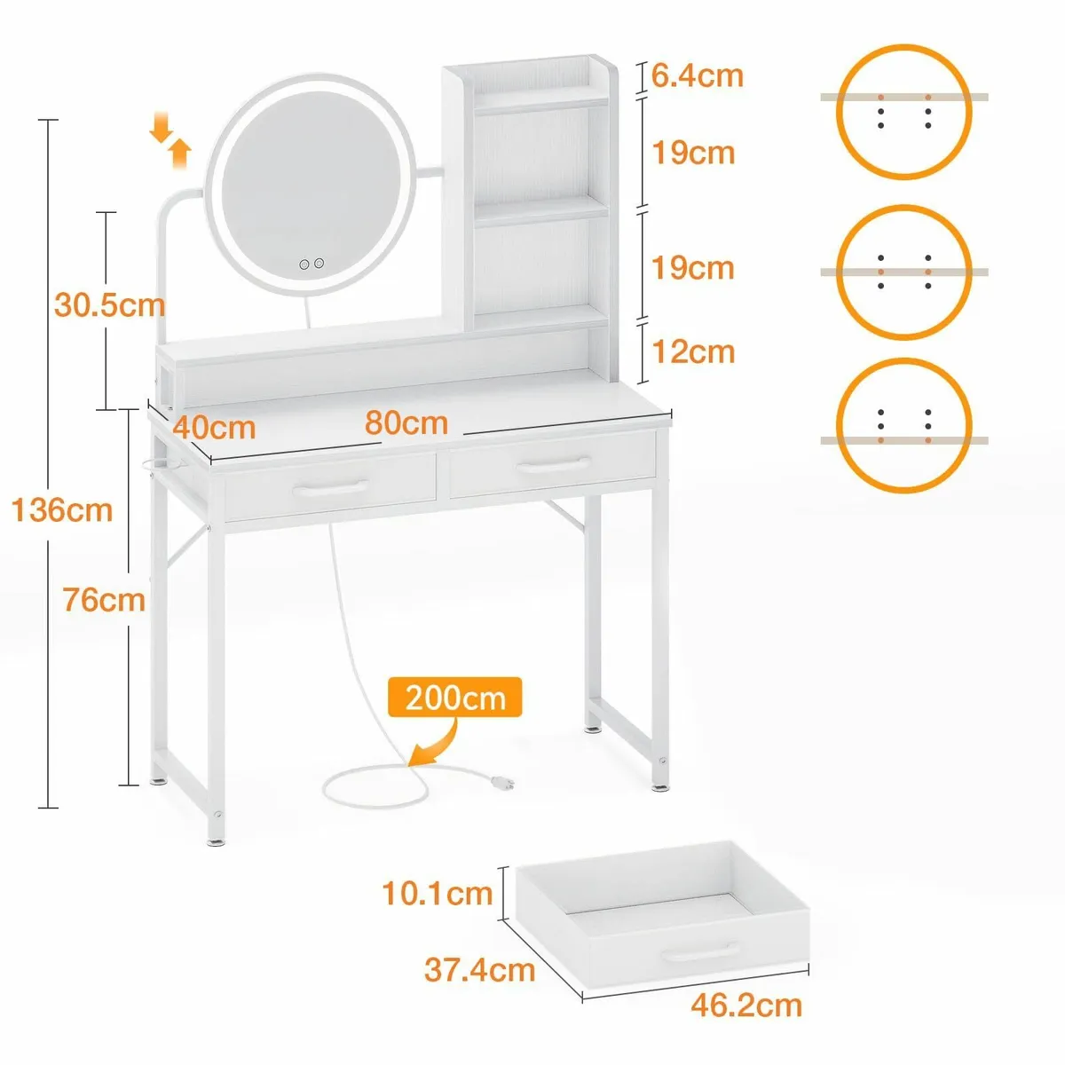 Dressing Table height-adjustable Mirror LED Lights - Image 3
