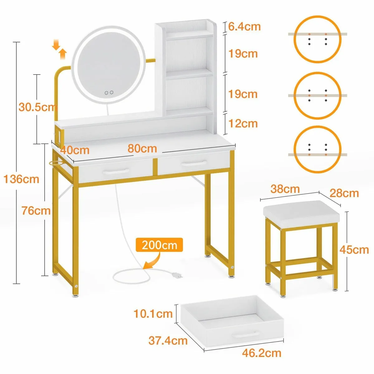 Dressing Table Set height-adjustable mirror Gold - Image 2