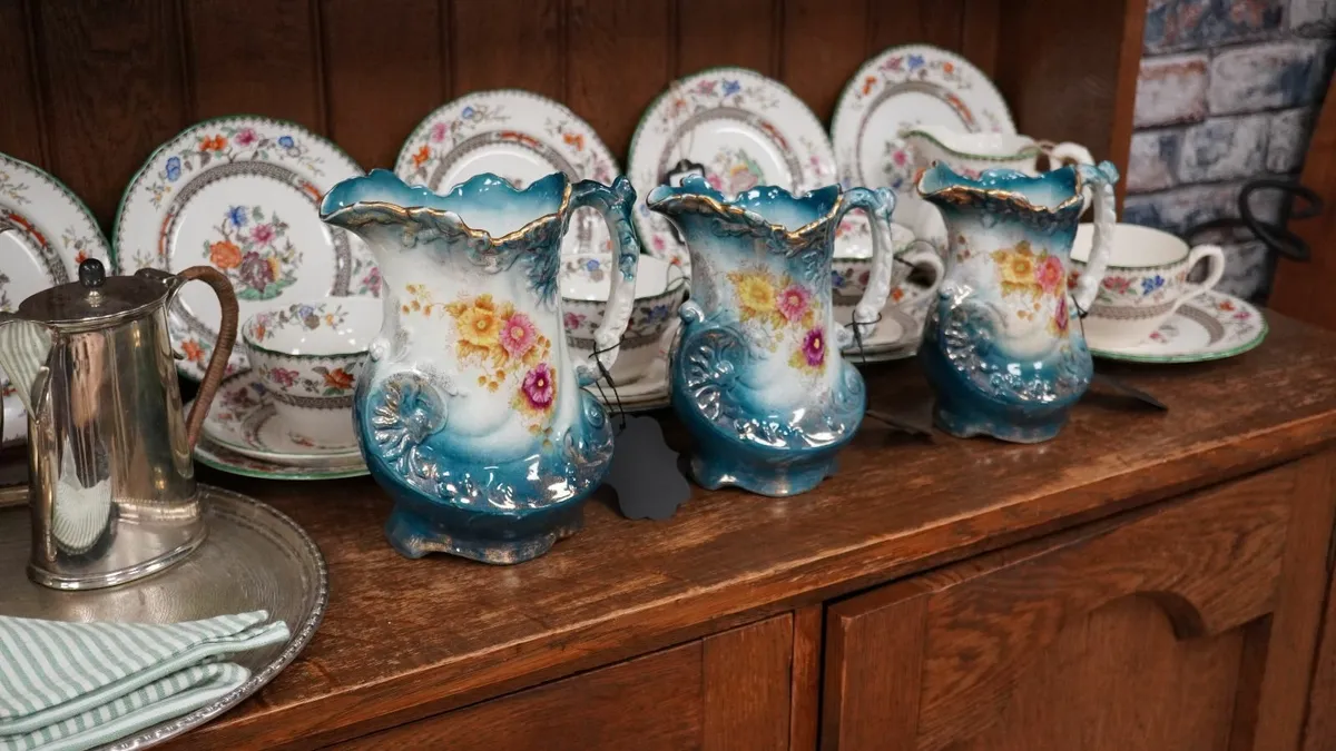 Late Victorian Turquoise Floral Ceramic Jugs - Image 1