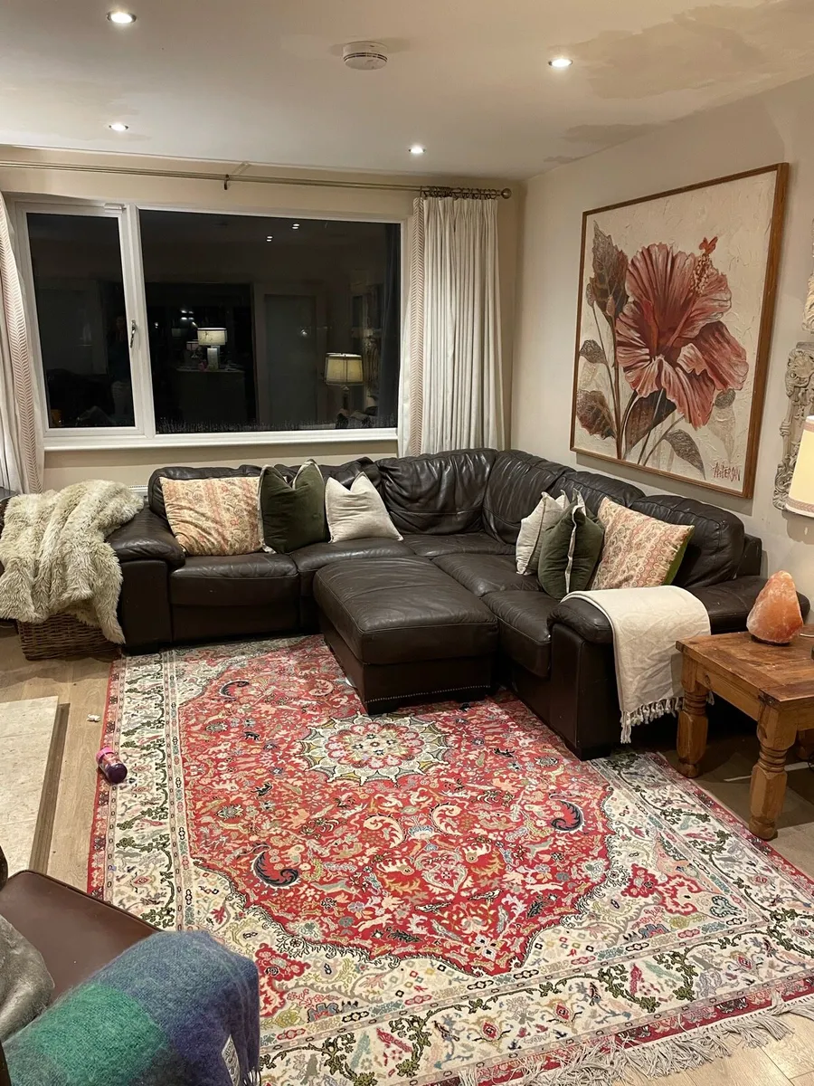 Brown leather L shaped sofa & ottoman - Image 1