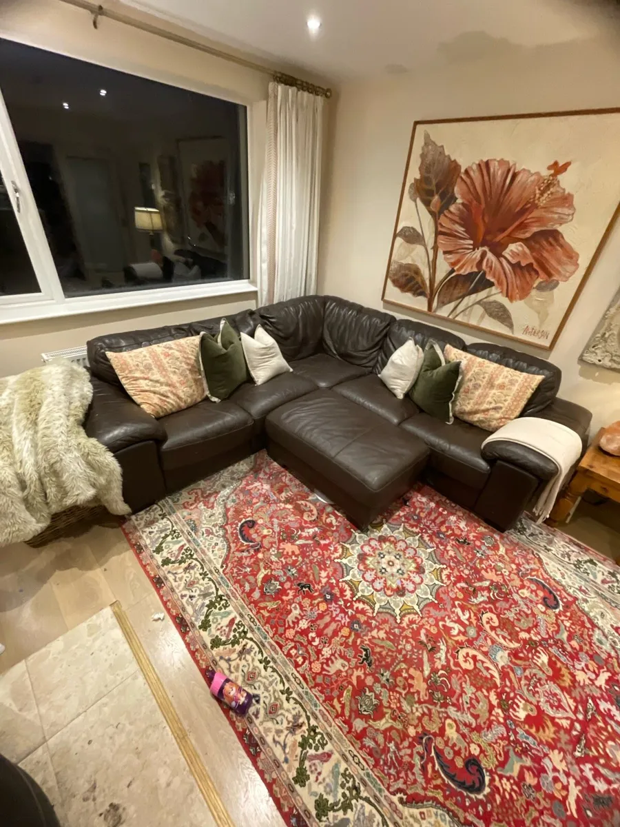 Brown leather L shaped sofa & ottoman - Image 2