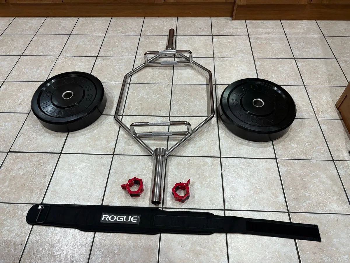 OLYMPIC 20KG HEX  BAR + ROGUE WEIGHT BELT + PLATES - Image 1