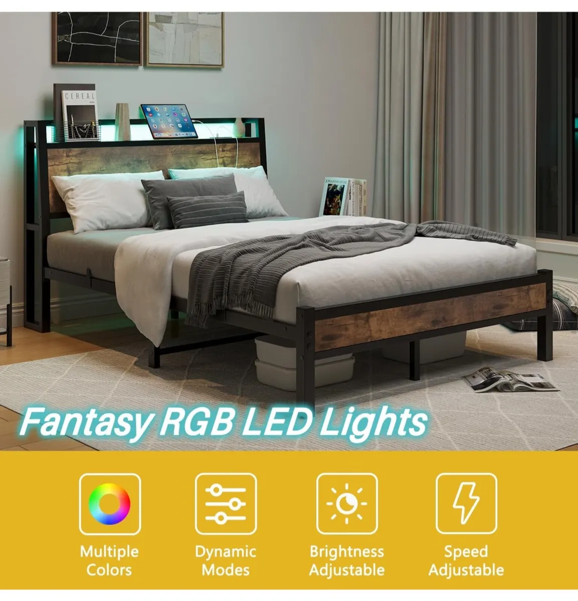 Double Size Bed Frame with Charging Station and LE - Image 2