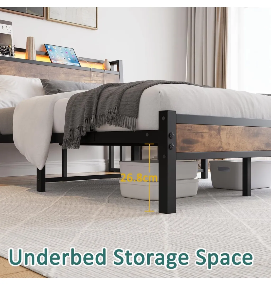 Double Size Bed Frame with Charging Station and LE - Image 4