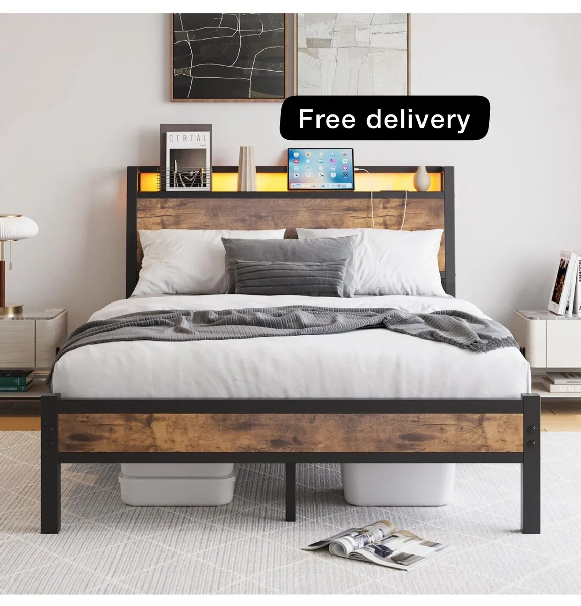 Double Size Bed Frame with Charging Station and LE - Image 1