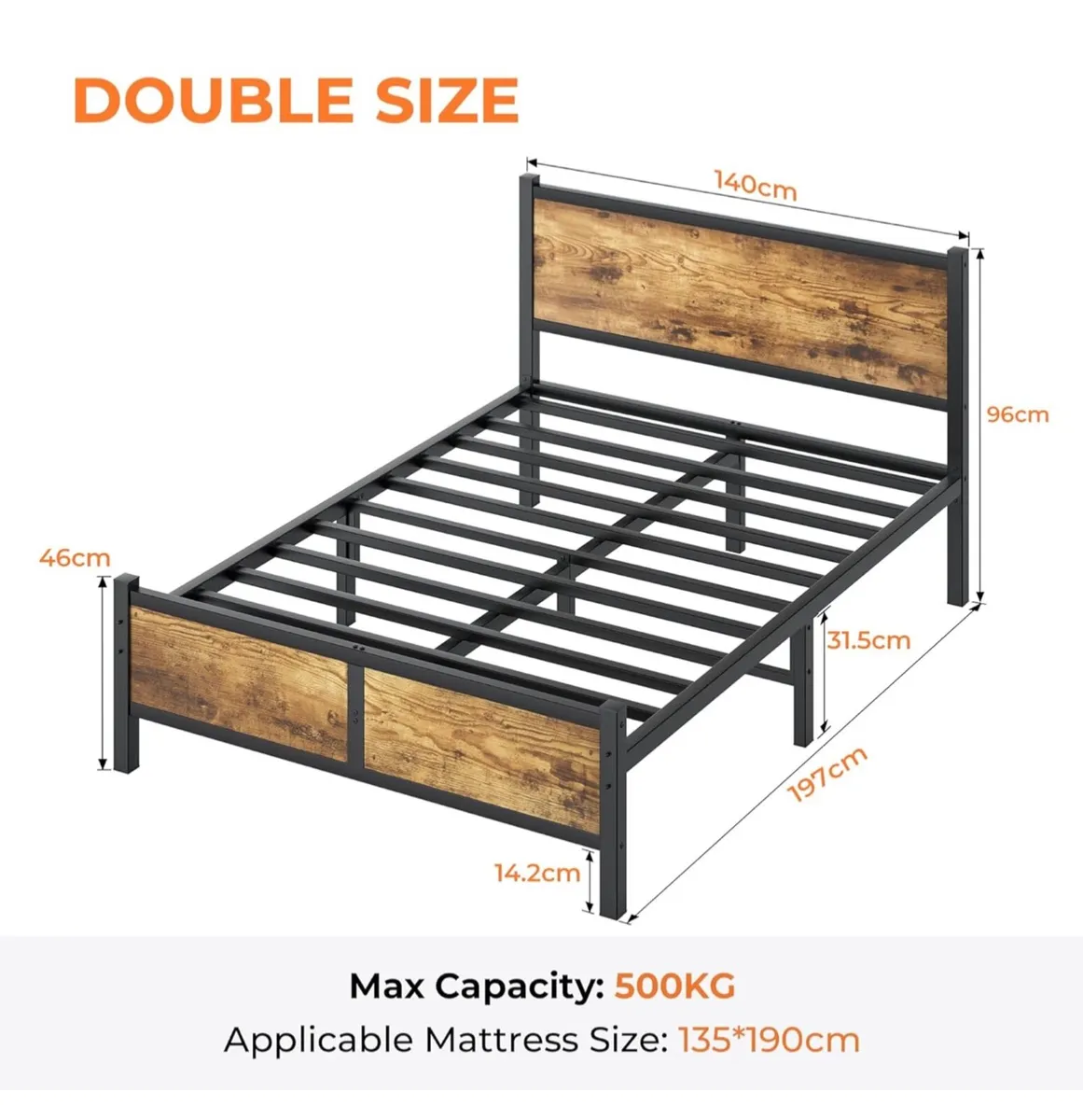 4ft6 Double Bed Frame with Headboard - Image 3