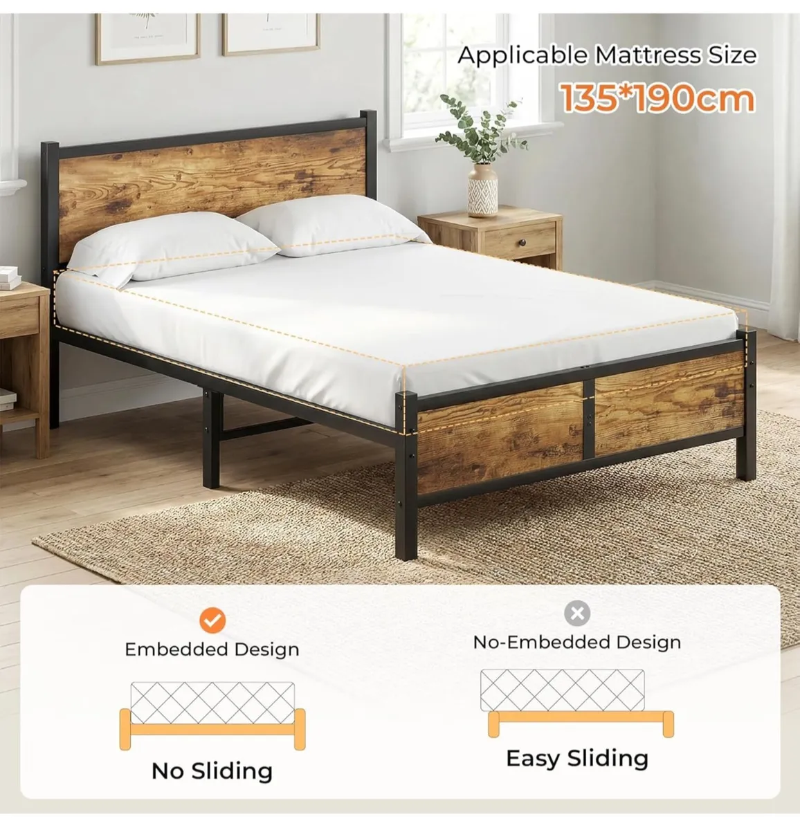4ft6 Double Bed Frame with Headboard - Image 3